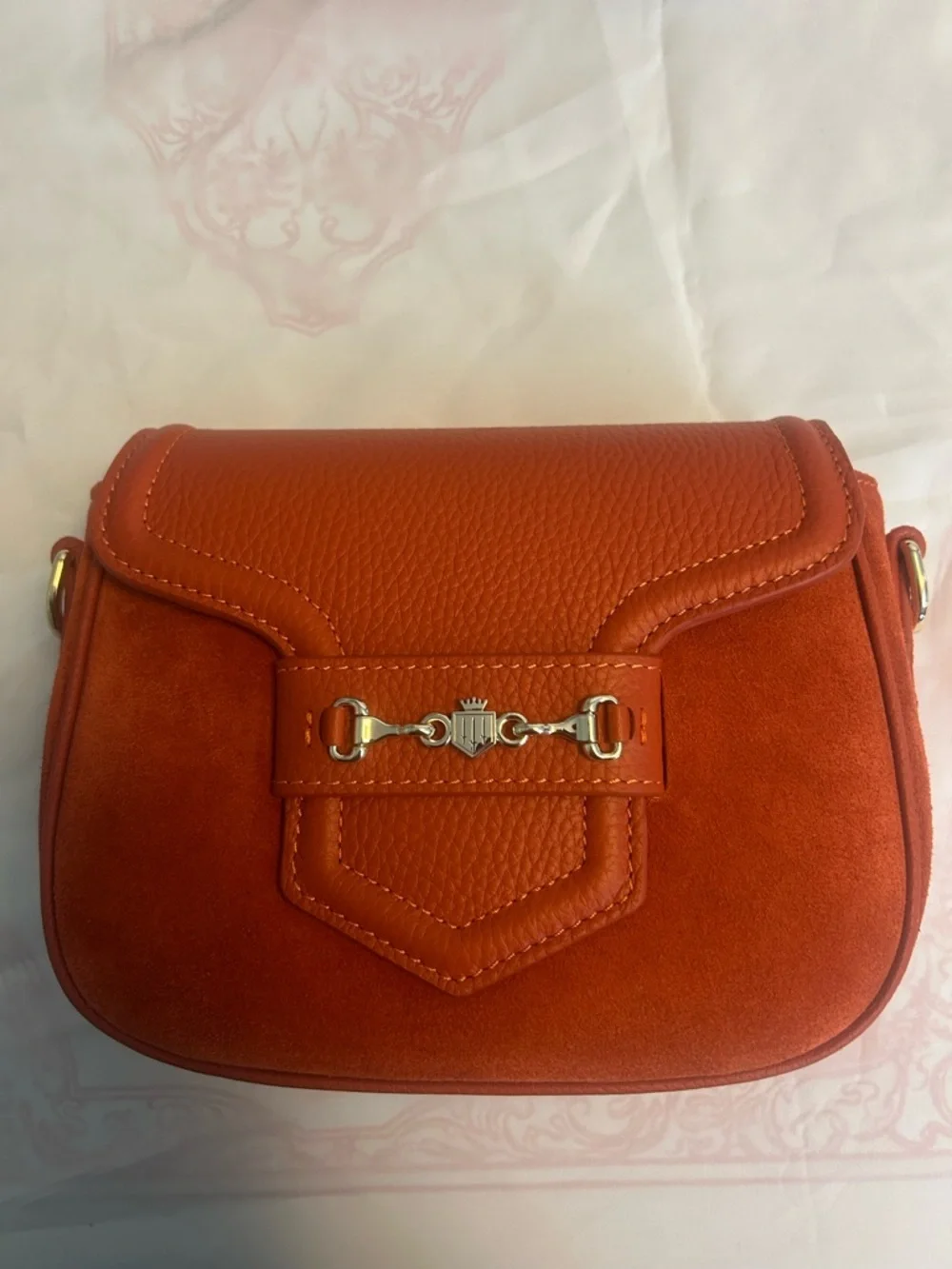 Fairfax & Favor Sunset Orange Saddle Crossbody Bag with Gold Accent - Picture 2 of 8